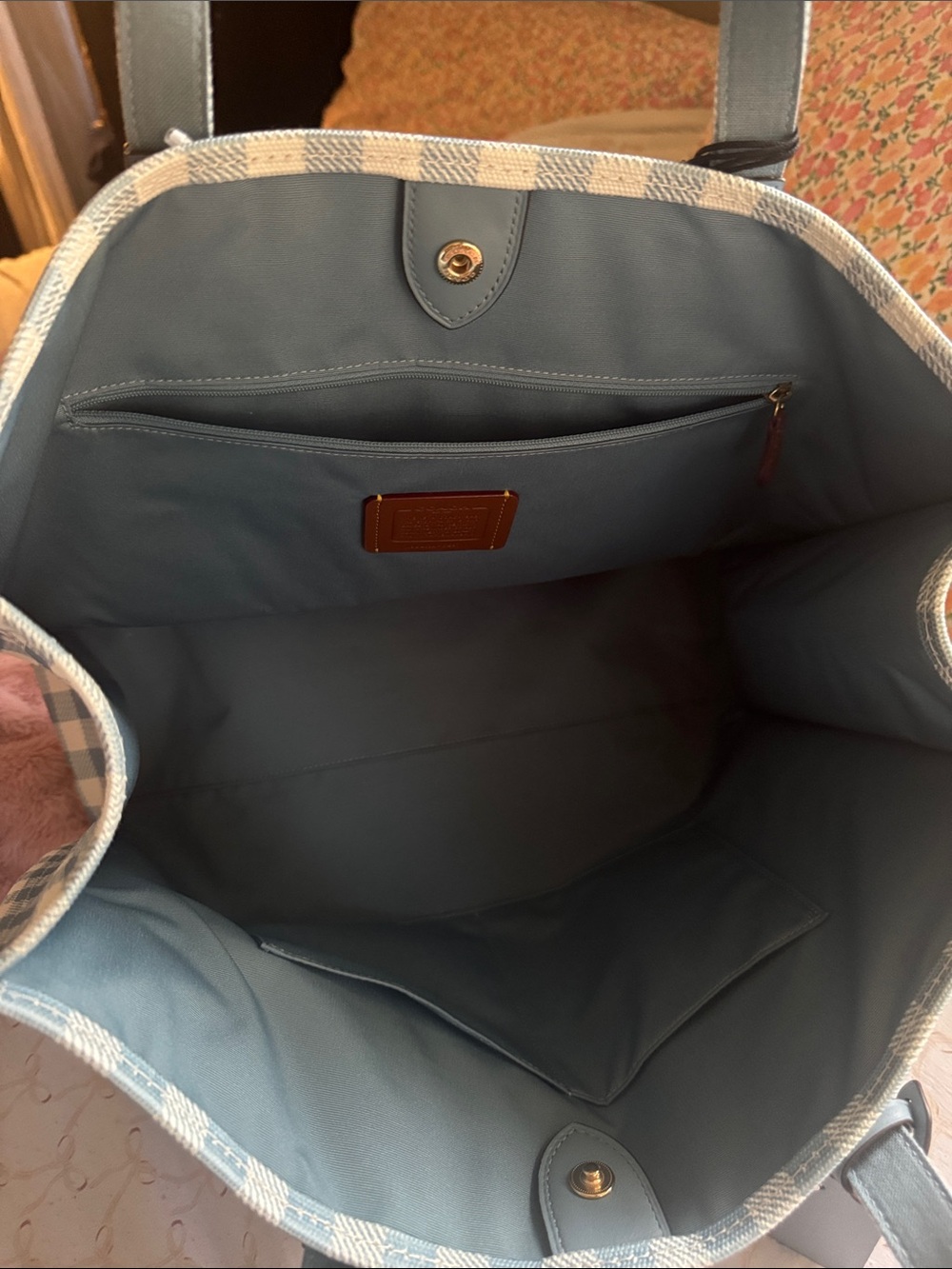 Coach Blue & White Gingham Tote with Red Cherry Accents BRAND NEW NEVER USED - Picture 12 of 16